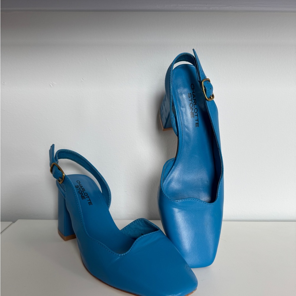 Charlotte Stone Blue Heels with High Platform and Slingback Design